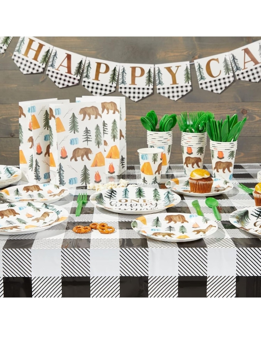 One Happy Camper Paper Party Plates, Cups & Napkins - Green Cutlery & More